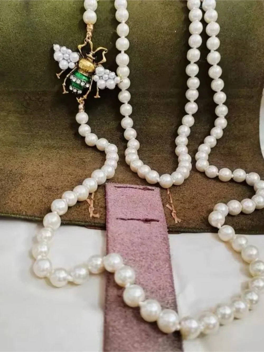 White Pearl Double-Strand Necklace with Bee Pendant